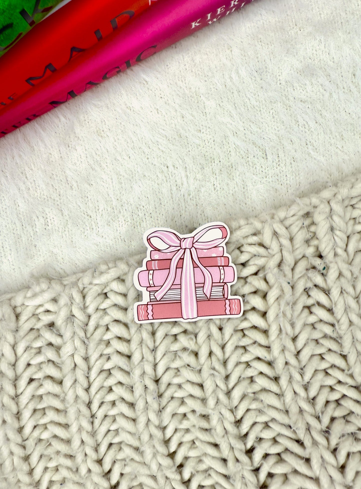 Pink Book Stack Bow Sticker