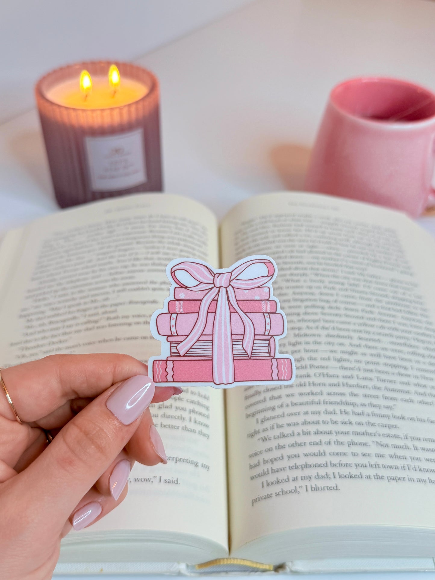 Pink Book Stack Bow Sticker