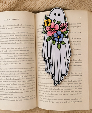 die cut ghost bookmark on page with neutral background